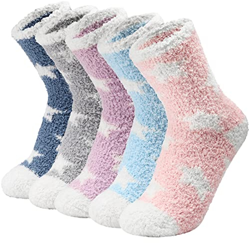 YANGTE 5Pair Fluffy Socks for Women and Girls Warm Soft Fuzzy Thick Cozy Home Slipper Bed Ladies Socks for Winter