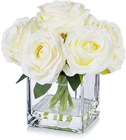 Enova Floral 7 Large Stems Artificial Silk Roses Fake Flowers Arrangement in Cube Glass Vase with Faux Water for Home Office Wedding Decoration (Cream)