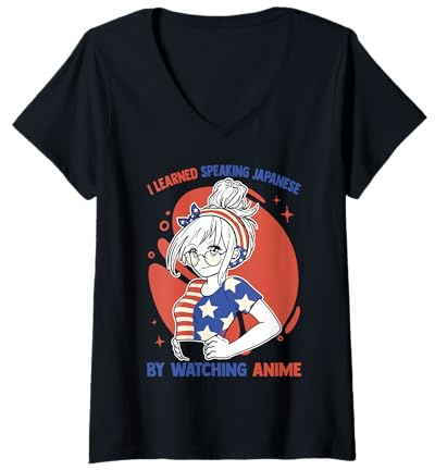 Womens Kawaii Otaku - I Learned Speaking Japanese By Watching Anime V-Neck T-Shirt