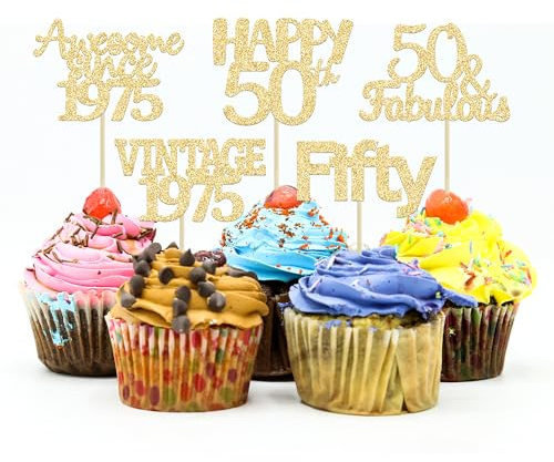 Gyufise 30Pcs Glitter 50th Birthday Cupcake Toppers Vintage 1975 Awesome Since 1975 50 Fabulous Cupcake Picks 50th Birthday Wedding Anniversary Party Cake Gold Decorations Supplies