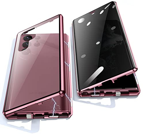 Jonwelsy Anti Peeping Hülle für Samsung Galaxy S22 Ultra, 360 Grad Schutz Case, Privatsphäre Gehärtetes Glas Anti-Spähen Cover, Stark Magnetische Adsorption Metallrahmen Handyhülle (Burgundy)