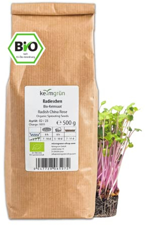 Keimgrün - Bio Radieschen Sprossen Samen - 500g Microgreen Radieschen Saatgut - Radieschensamen - Regelmäßig überprüfte Keimfähigkeit - Zum ergiebigen Anbau auf Erde oder im Sprossenglas