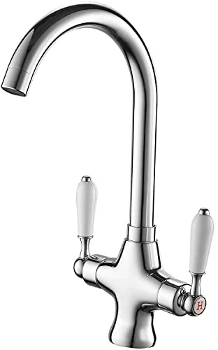 Haiba Kitchen Sink Mixer Tap Swivel Spout Chrome Dual Handle Ceramic Lever UK Fittings Taps High Arch Spout Single Hole for Kitchen Sinks with Flexi Tails, Brass