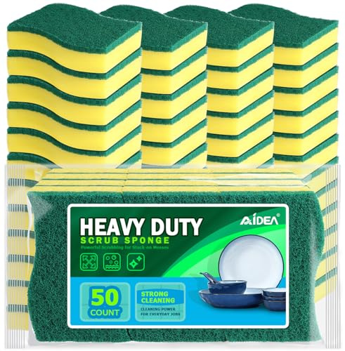 AIDEA Sponges Kitchen, 50 Pack Heavy Duty Dish Sponge, Cleaning Dish Scrubber for Home and Kitchen, Stink-Free Cleaning Supplies for Pots, Pans