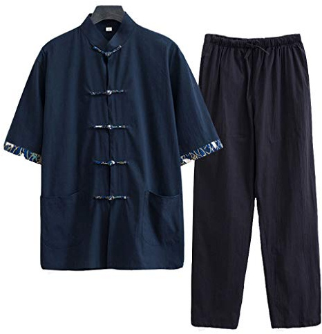 ZHOUXIAO Baumwollwäsche Kung Fu Hemd Kampfkunstanzug Kurzarm Hemdhose, Chinesischer Traditioneller Tanganzug, Qi Gong Shaolin Tai Chi Clothing Wing Chun Uniform cyan-8XL