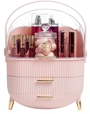 Paris Hilton Makeup Storage Organizer with Lid, Cosmetics and Skincare Organizer for Vanity, Portable Makeup Storage Box for Countertop, Fluted Design with Gold Accents, Pink