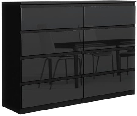 MebLocker Commode 140 cm, 8 tiroirs, Noir avec des Façades Brillantes