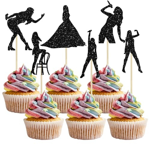 Gyufise 24Pcs Music Singer Cupcake Toppers Glitter Popular Singer Cupcake Picks for Love Legand 1989 Music Lover's Concert Theme Birthday Party Cake Decorations Supplies Black