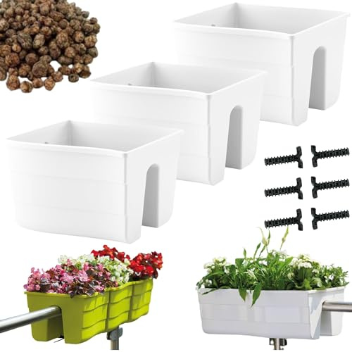DIKEL Geländerkasten 3 X 29x29x20 cm | Balkonkasten für Balkongeländer mit Blähton für Drainage und Luftzirkulation | Pflanzkasten fördert gesundes Pflanzenwachstum und verhindert Wurzelfäule | Weiß