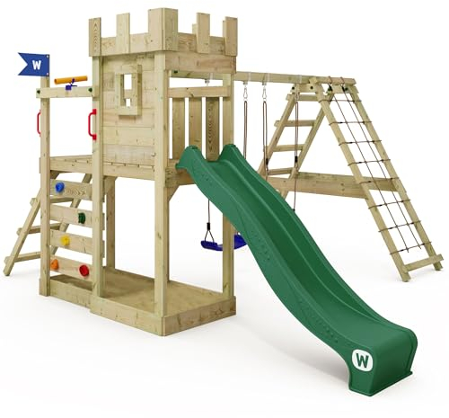WICKEY Spielturm Ritterburg GateFlyer mit Schaukel & grüner Rutsche, Outdoor Kinder Kletterturm mit Sandkasten, Leiter & Spiel-Zubehör für den Garten