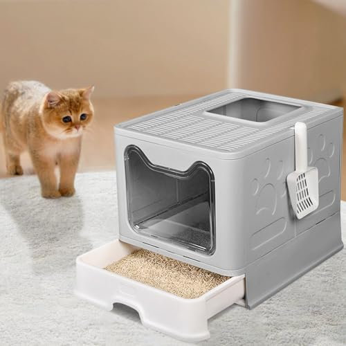 Bandeja para gatos grande, casita para gatos con tapa, XXL,Resina PP, resistente, con pala de arena del mismo color, plegable (a,Gris)