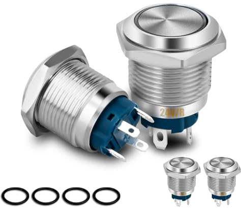 Innfeeltech 4 Stück Drucktastenschalter Wasserdichter 24V SPST ON/OFF Schalter für 16mm Einbauloch 4 Pin Metall Einrastschalter mit rotem LED Ringlicht