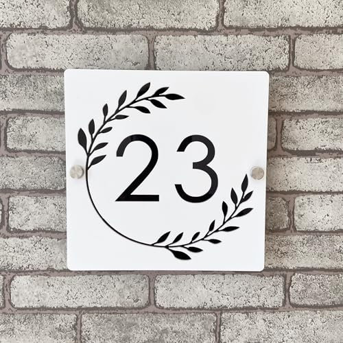 Personalisiertes Hausnummernschild aus 3D-Acryl, zweifarbig (weiß und schwarz) mit schwebenden Zahlen und Girlande, für drinnen und draußen, ideal für Zuhause, Hotels, Wohnungen und Geschäfte