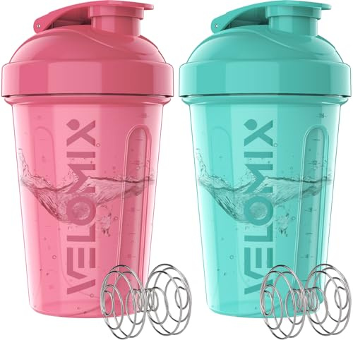 VELOMIX 2 Pack 600ml Shaker Proteinshake, Rosa/Türkis | 2x Edelstahlkugel, Auslaufsicherer Eiweiß Shaker Becher für Protein Shaker, Spülmaschinenfest, Gym und Fitness