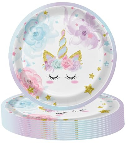 POPOYU Lila Einhorn Pappteller Geburtstagsdeko Set, Prinzessinnen Partygeschirr für Kindergeburtstag mit 9 Zoll Teller für Babyshower Mädchen
