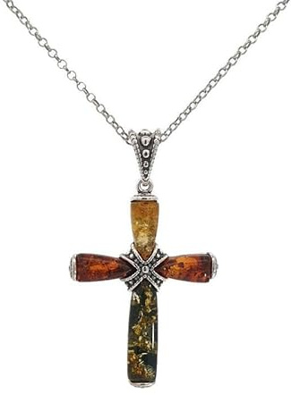 Kiara Jewellery Collier avec pendentif en forme de croix en argent sterling 925 oxydé et ambre mélangé sur chaîne en argent sterling de 45,7 cm., taille unique, Argent sterling
