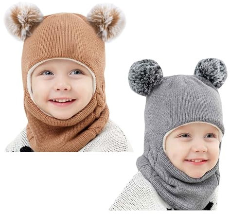 2 Stück Kinder Schlupfmütze,Schalmütze,3 in 1 Kinder Wintermütze Schals Ohrenklappe,Niedlich Bär Wintermütze Schalmütze Strickmütze,Gefüttert Strickmütze,Winter Warm Beanie Mütze,(Grau, Kaffee)