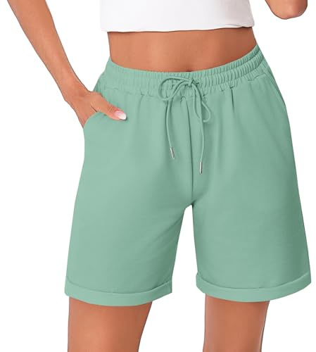 Litherday Shorts Kvinnor Bomull Sommar Sportshorts Hög Midja med Dragsko Kläder för Fitness Yoga Jogging Hemma S-XXL, Ljusgrön, XXL