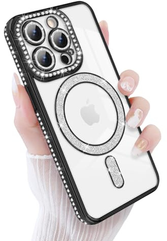 Newseego for iPhone 15 Pro Case Magnetic Glitter Clear, Black | Compatible with MagSafe, Bling Diamonds, for Girls Women, Soft TPU, Slim Fit, Shockproof Cover, Full Camera Protection