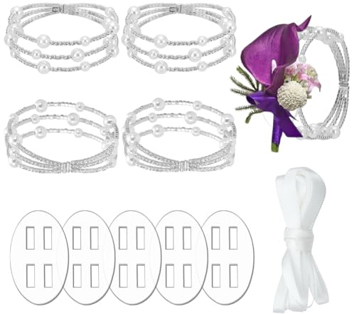 WADORN 5 Stück Strass Anstecknadel Armbänder Perlen, Strass Armband Legierung Armreifen Glänzendes Ansteckarmband DIY Ansteckblumen Accessoires Für Hochzeit Party Abschlussball, Platin