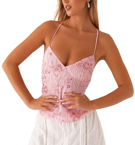 Moollyfox sommartoppar Y2K dam – nackhållare crop toppar med paljetter, glittrande blommönster och pärldekoration – sexig rygglös topp, camisole top, ROSA, M