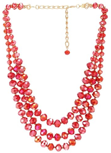 COOLSTEELANDBEYOND Rojo Cristal Cuentas Statement Collar, Tres Hilos En Capas Collar, Cascada