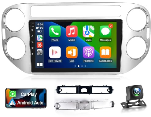 Radio Android para VW Tiguan 2006-2016, Pantalla IPS de 9 Pulgadas con CarPlay Android Auto Inalámbrico, 2G+64G, GPS, WiFi, Bluetooth, FM RDS, DSP, SWC + Cámara de Reversa