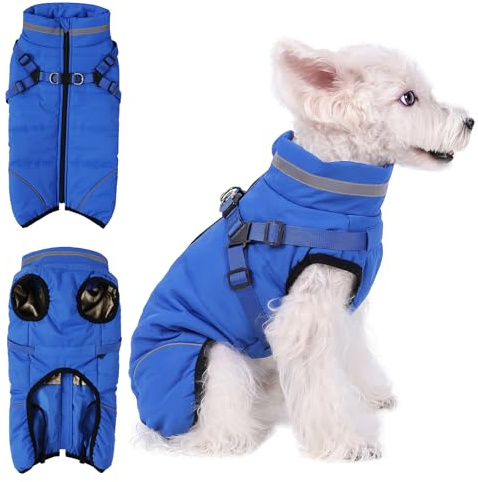Poseca Hundejacke Hundemantel mit Geschirr Hunde Winterweste Gefüttert Wasserdicht Gepolsterte Weste Mit Brustgurt Welpen Reißverschluss Warme Jacke