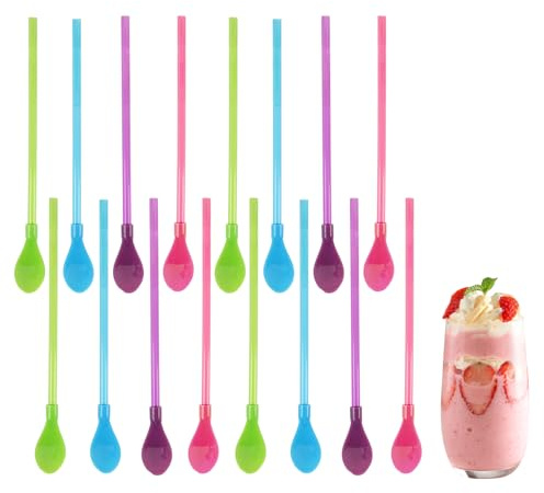 Set de 16 Cuillères-Pailles Réutilisables 2-en-1 en Plastique Coloré, pour Smoothies, Milkshakes, Cocktails et Café, Agitateurs Écologiques Sans BPA