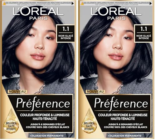 L’ORÉAL PARIS - Coloration Cheveux Permanente - Longue Durée & Lumineuse - Couvre 100% des Cheveux Blancs - Préférence - Nuance : Manhattan (1.1), Noir Glacé Intense (Lot de 2)