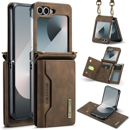 Étui portefeuille pour Samsung Galaxy Z Flip 7, coque en cuir mat, tarjetero, bandoulière détachable, design boucle, couleur café