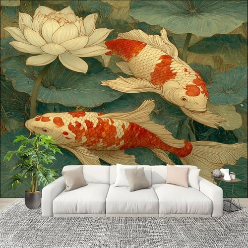 Dormitorio Papel Pintado Acuarela de Loto Koi Pared Panorámico 400x280 cm Verde Fotomurales No Tejido, Póster Gigante de Pared Personalizado 3D Para Salón Fotomurales