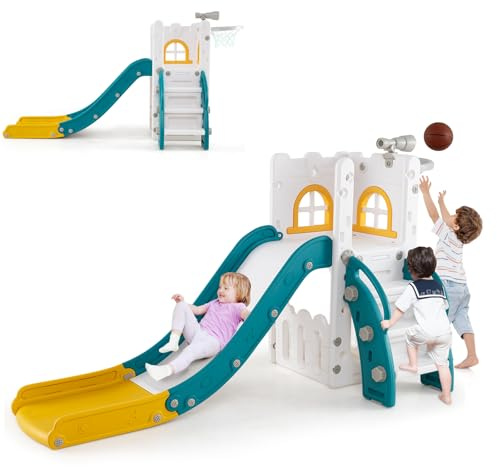 HOMASIS 9 in 1 Kinderrutsche Indoor, Kinder Rutsche mit Basketballkorb Teleskop Kletterleiter Stauraum usw., Outdoor Babyrutsche Spielplatz Rutschenset für Kinder ab 1 Jahr (Gelb+Grün)