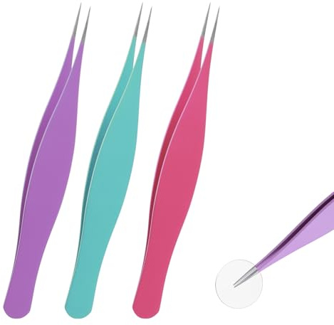 3 Stück Pinzette Spitz, Pinzette für Eingewachsene Haare, Edelstahl Präzisionspinzette für Frauen und Männer, Spitze Nadelpinzette zum Entfernen von Gesichtshaaren und Mitessern (Blau Lila Rosa)