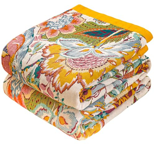 HOORDRY 100% Cotton Sofa Throw Blanket,Double-sided Bedspreads Double Size | Bohemian Large Throws for Sofas, Settees, Armchairs and Bed, Breathable Soft Blanket,Colorful Flower.150x200CM