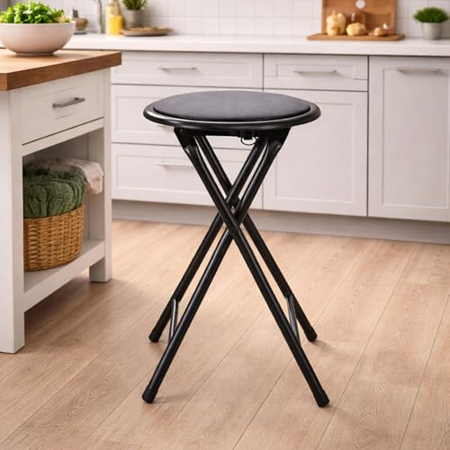 Mojawo Küchen Klapphocker Hocker Sitzhocker Sitzfläche Rahmen aus Metall mit PU Polster Schwarz klappbar Ø30cm rutschfest Klappsitz