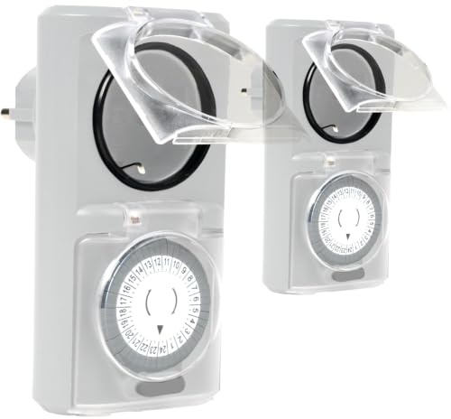 Menz Zeitschaltuhr Aussenbereich, 2 Stück, Grau | Mechanische Zeitschalter Steckdose außen, IP44 Zeitschalter analog außen, ca. 3,7 kW Outdoor Timer für Steckdose außen