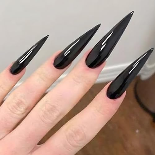 Viugex 24 Stück Nägel Zum Aufkleben Lang Stiletto, Schwarz French Press on Nails, Einfarbig Acryl Full Cover Künstliche Nägel, Elegante Glänzend Fingernägel Zum Aufkleben für Frauen Mädchen Nail Art