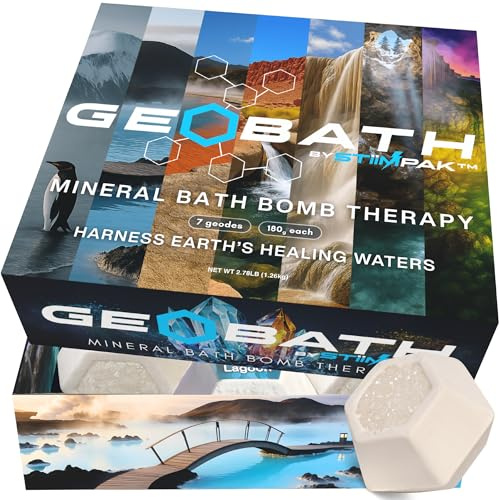 Magnesium & Epsom Salt Natural Mineral Bath Bombs | XL 180g | Skin Care & Muscle Relief Bath Soak Inspired by the World’s Healing Hot Springs | Dye & Fragrance Free | GeoBath (7 Pack)