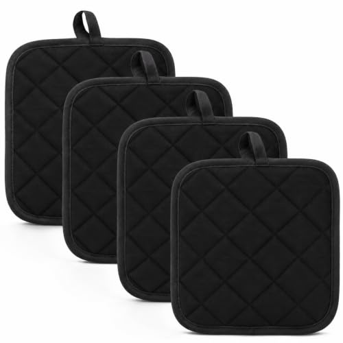 4 Stück Topflappen Schwarz, 18x18 cm Waschbare Hitzebeständige Schutzlappen aus Baumwolle, Ideal zum Kochen, Backen und für Mikrowellen und Ofen