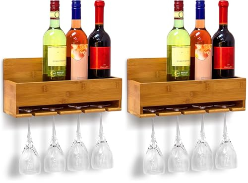Relaxdays Weinregal mit Glashalter H x B x T: ca. 17 x 37 x 11,5 cm Flaschenregal aus Bambus mit Platz für 4 Flaschen und 4 Gläser zur Wandmontage Hängeregal Holz als Weinflaschenhalter Ablage, Natur