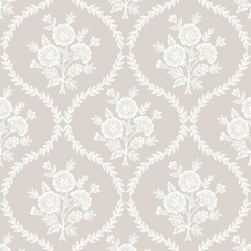 TACHIO French Country Peel and Stick Wallpaper Beige White, Damask Lattice Floral Removable Self Adhesive Wallpaper for Bedroom Living Room, Renter Friendly Accent Wall Decor, 17.5 x 118
