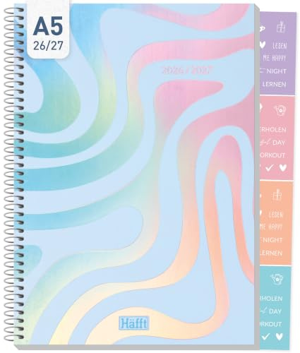 Häfft® College-Timer Schülerkalender 2026 2027 A5 Shiny Waves | Mit Hologrammprägung & Stickern - Schulplaner 26/27 im Pastell-Look für Schule & Uni, Hausaufgabenheft mit Spiralbindung