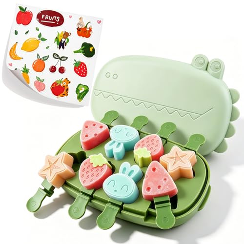 Eisformen Silikon für Kinder, 8 Stück Eisformen Eis am Stiel, Wiederverwendbare BPA Frei Eisförmchen, DIY Eis am Stiel Formen Kaninchen Sterne Käse Erdbeeren für Kinder DIY Ice Cream Grün