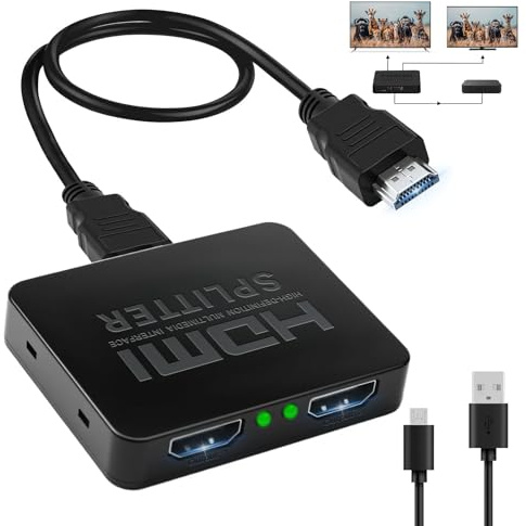 4K HDMI Splitter 1 in 2 out for Dual Monitors HDMI 2 way Splitter | Same Outputs Display at the Same Time, 2-Port Splitters for Full HD HDTV Blu-ray DVD PS4/PS5 Xbox Fire Stick, with USB Cable