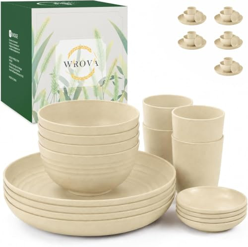 Wrova Set di stoviglie da 16 pezzi, per 4 persone, riutilizzabili, con piatti piani, bicchieri di plastica, ciotole per cereali e salse, adatti al microonde, colore beige