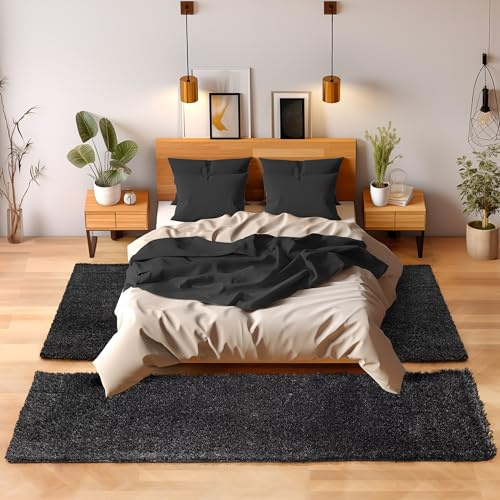 Unbekannt Shaggy Hochflor Teppich Carpet 3TLG Bettumrandung Läufer Set Schlafzimmer Flur, Farbe:Anthrazit, Bettset:2x60x110+1x80x250