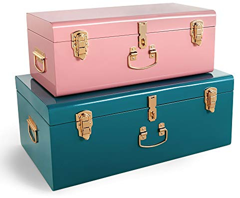 Beautify Storage Trunks, Set of 2 Pink & Teal Stainless Steel Storage Chests w/Gold Detailing, Stackable Bedroom Chest Organiser w/Lockable Lids, Sturdy Multi-Purpose Bedding, Blanket & Toy Box
