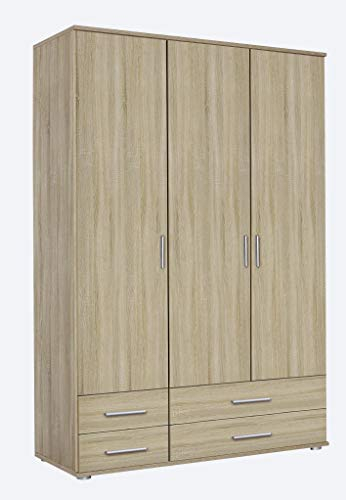 Rauch Möbel Rasant Drehtürenschrank, Kleiderschrank, Schrank, Garderobe, Aufbewahrung, Stauraum, Schuhschrank, Schrank klein, 3-türig, 4 Schubladen, Farbe Weiß, Griffprofil Alufarben, 127x188xx52cm