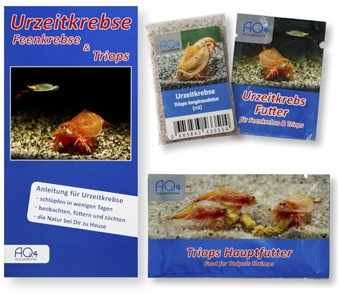 AQ4Aquaristik Triops longicaudatus (rot) - Starter Set mit ca. 100 Urzeitkrebse Eiern - mit Urzeitkrebse Futter, Triops Hauptfutter und Anleitung - rote Amerikanische Schildkrebs